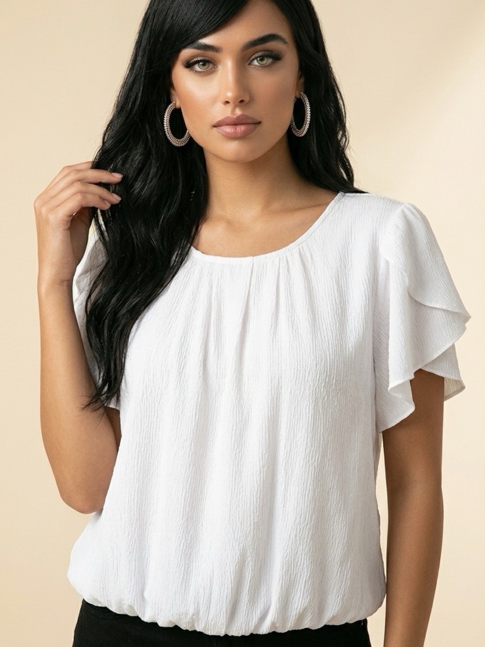 JODIFL White Ruffled Flutter Sleeve Blouse